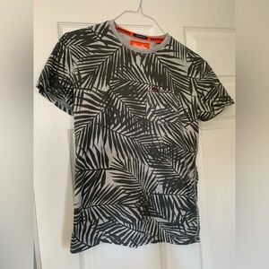 Superdry Men’s T-Shirt Small Gray Black Palm Leaf Print Short Sleeve Crew Neck